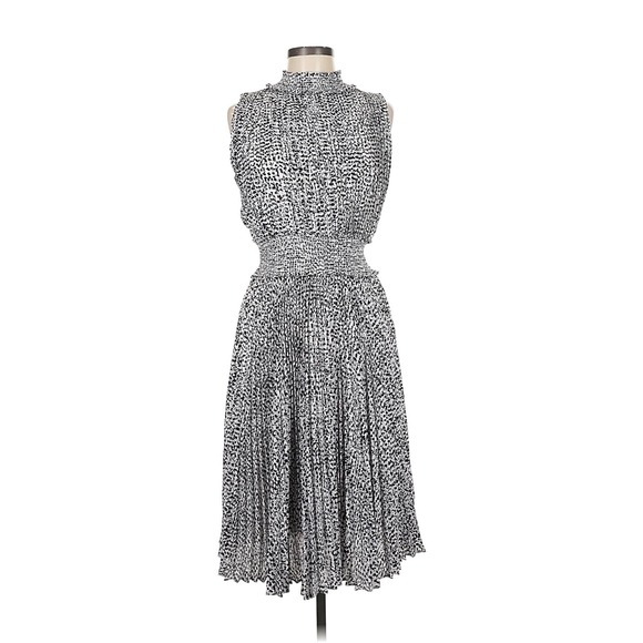 Nanette Lepore Womens Size 8 Black White Animal Print Pleated Smocked Midi Dress - Picture 3 of 10